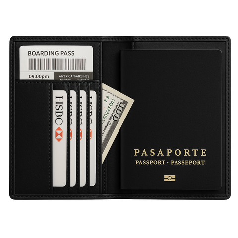 Porta Pasaporte Cuero Negro